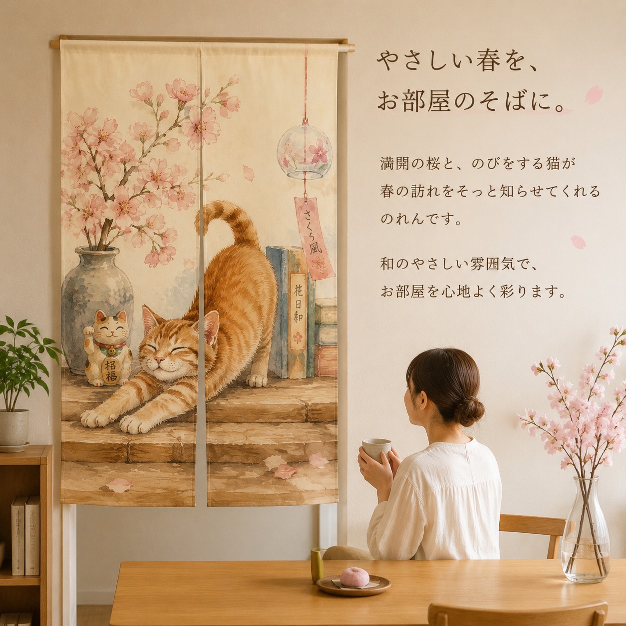 Noren Curtain Doorway - Tirai Noren Motif Kucing Jepang Sakura,